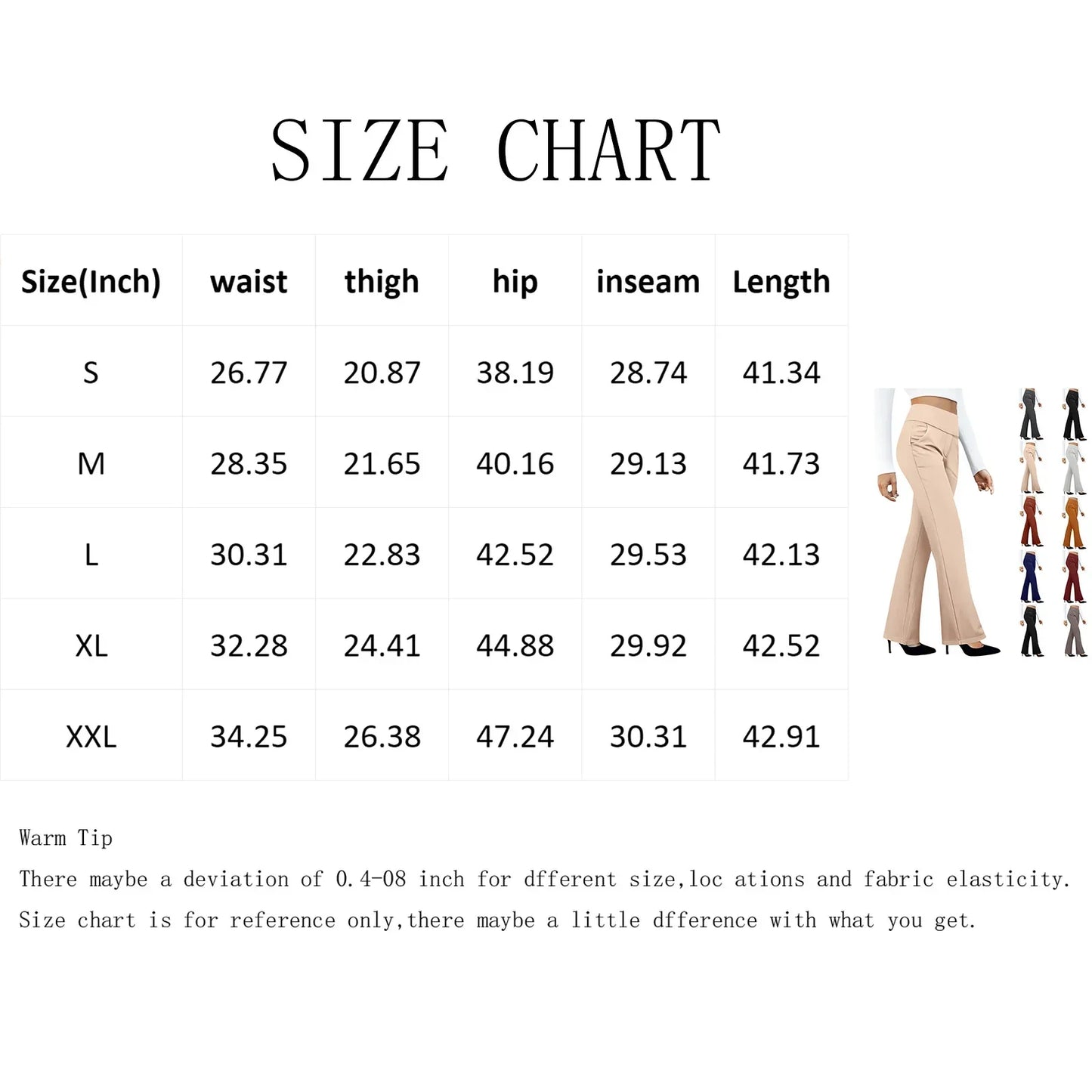 Women's pants size chart with waist, thigh, hip, inseam, length measurements and color options