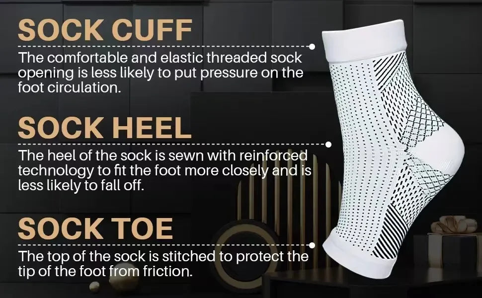 White and black ankle support sock highlighting cuff, heel, and toe benefits on a modern background.
