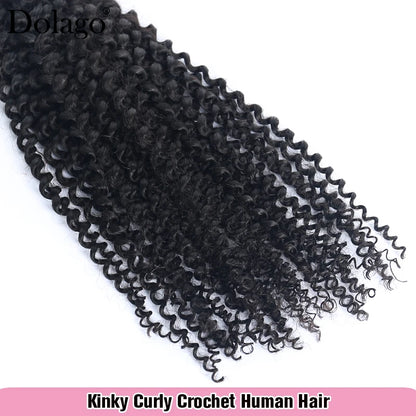 Kinky curly crochet human hair extensions with tight black ringlet curls on white background