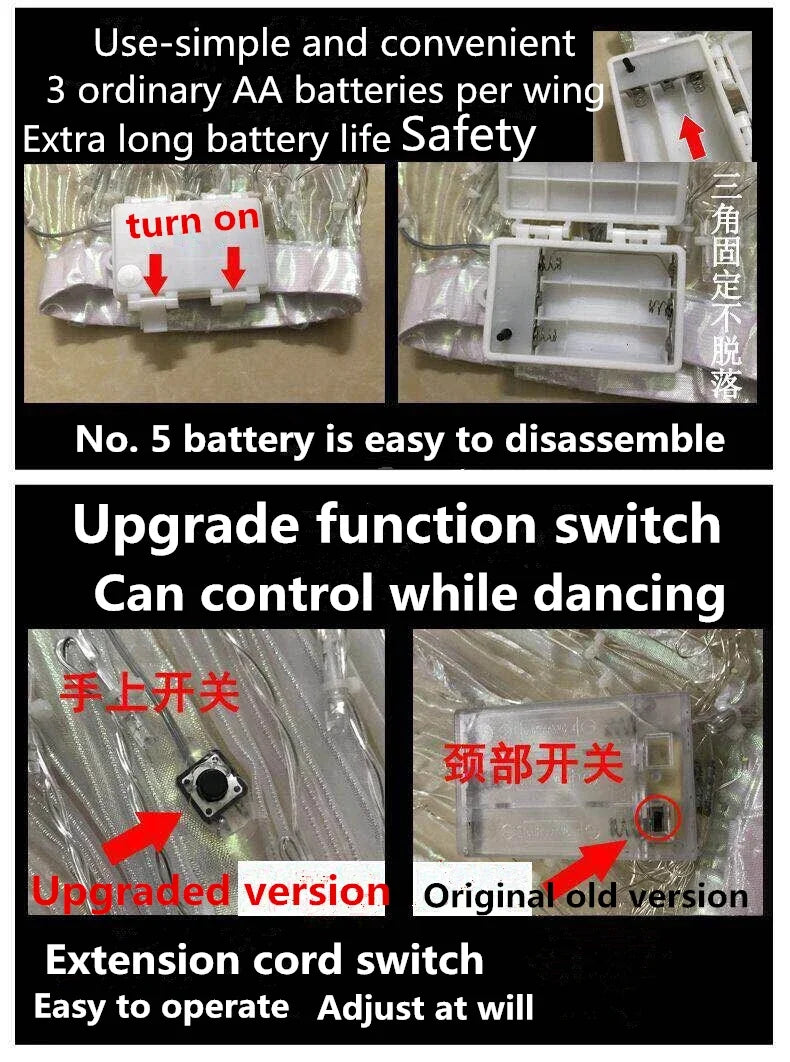 AA battery compartment and upgraded function switches for light-up costume wings, easy to operate.