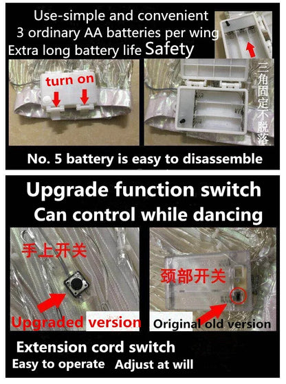 AA battery compartment and upgraded function switches for light-up costume wings, easy to operate.