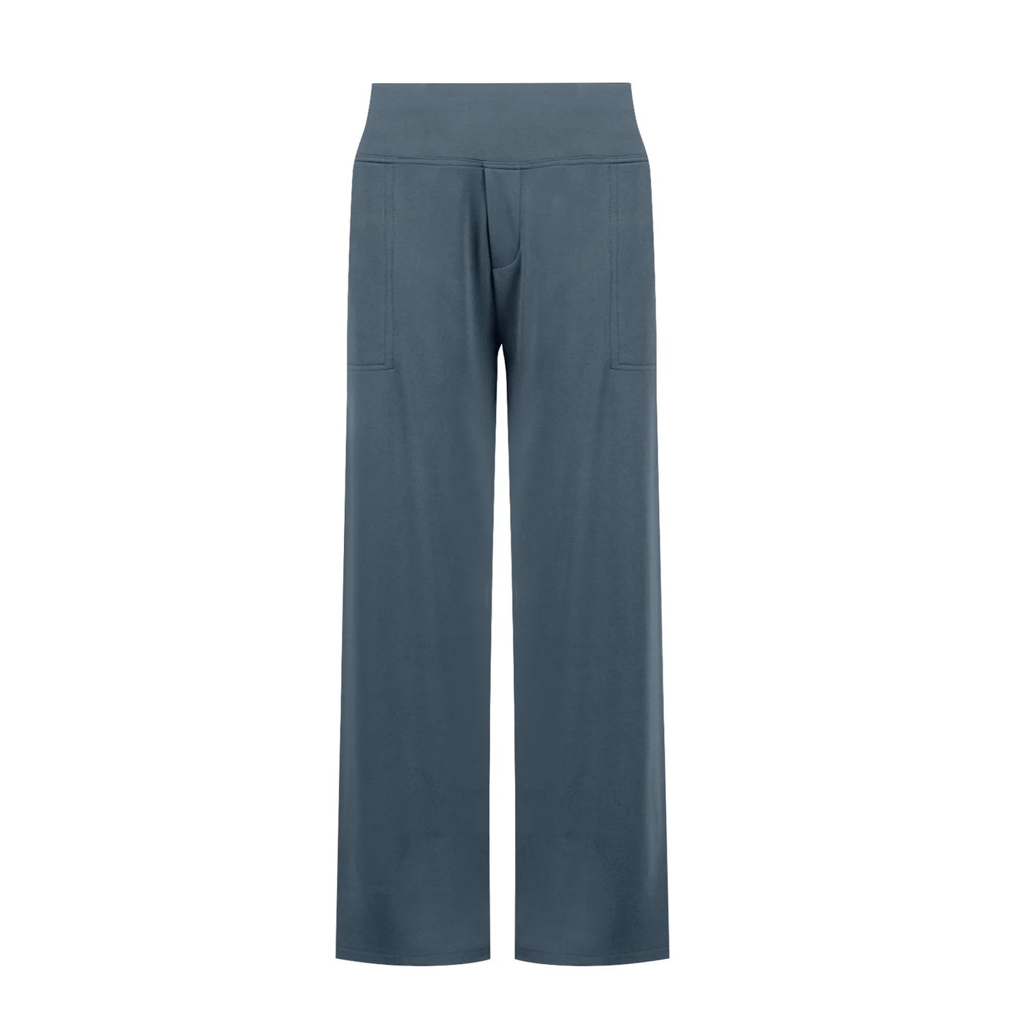 High-waisted blue wide-leg lounge pants with front pockets, modern minimalist design