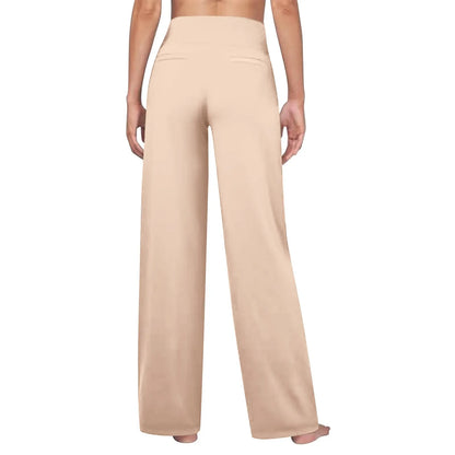 Beige wide leg lounge pants for women, back view, high-waisted, comfortable fit.