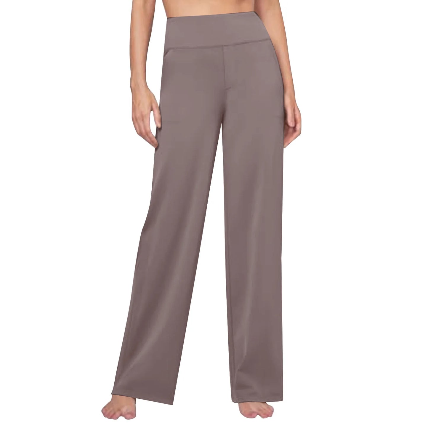 Woman wearing high-waisted taupe wide leg lounge pants, comfortable homewear fashion