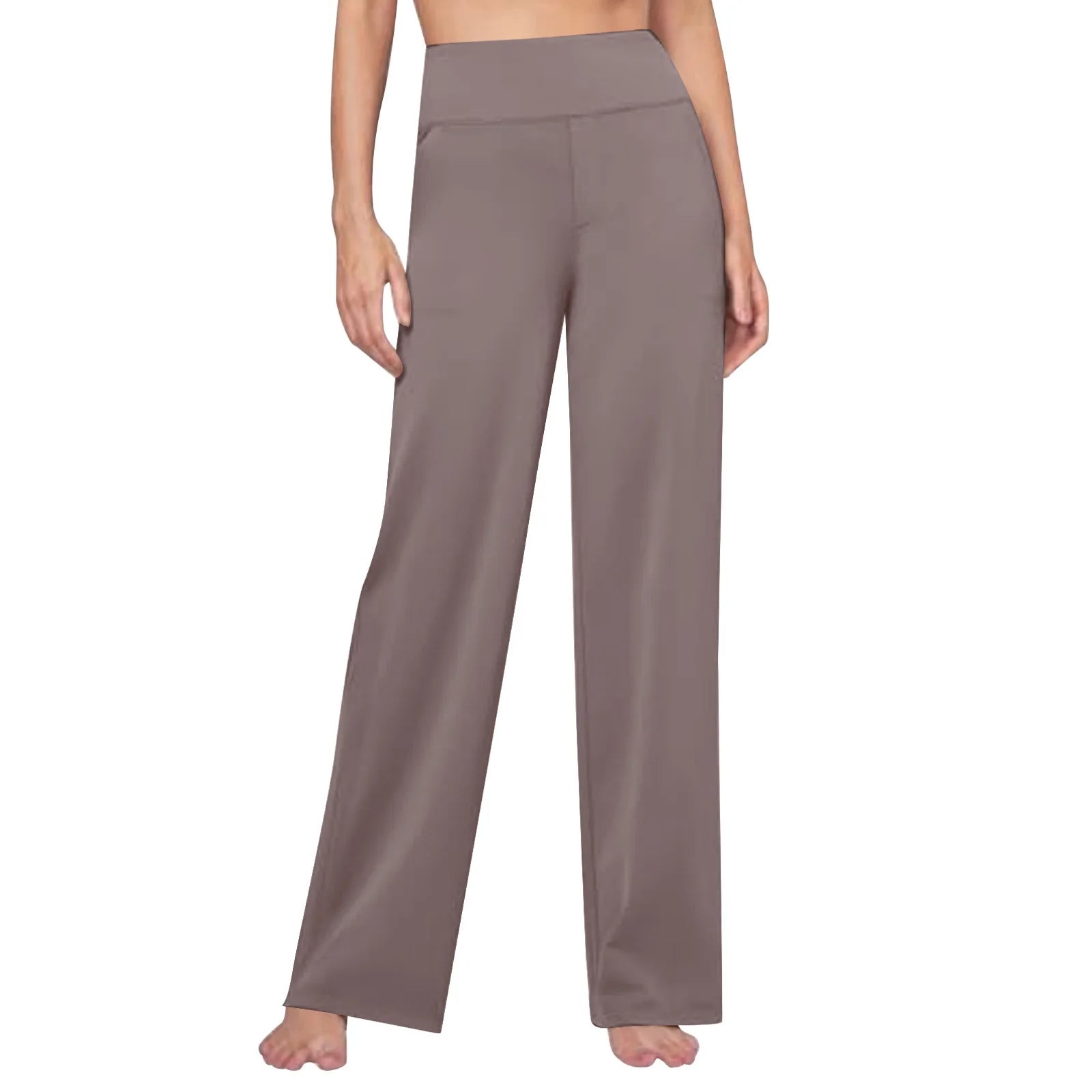 Woman wearing high-waisted taupe wide leg lounge pants, comfortable homewear fashion