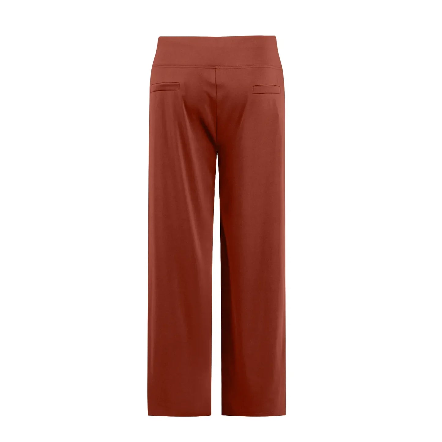 Back view of wide leg brown pants with faux back pockets, comfortable casual style