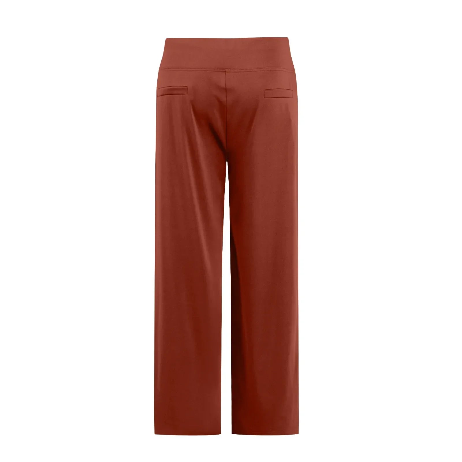 Back view of wide leg brown pants with faux back pockets, comfortable casual style