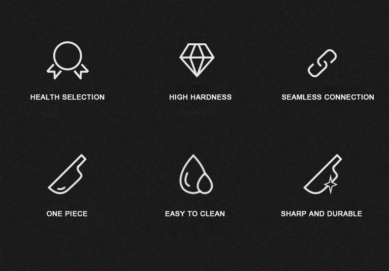 Knife feature icons on black background showing health selection, high hardness, seamless connection, one piece, easy to clean, sharp and durable.