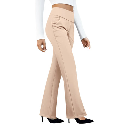 Beige high-waisted flared pants for women, styled with black heels and a white crop top