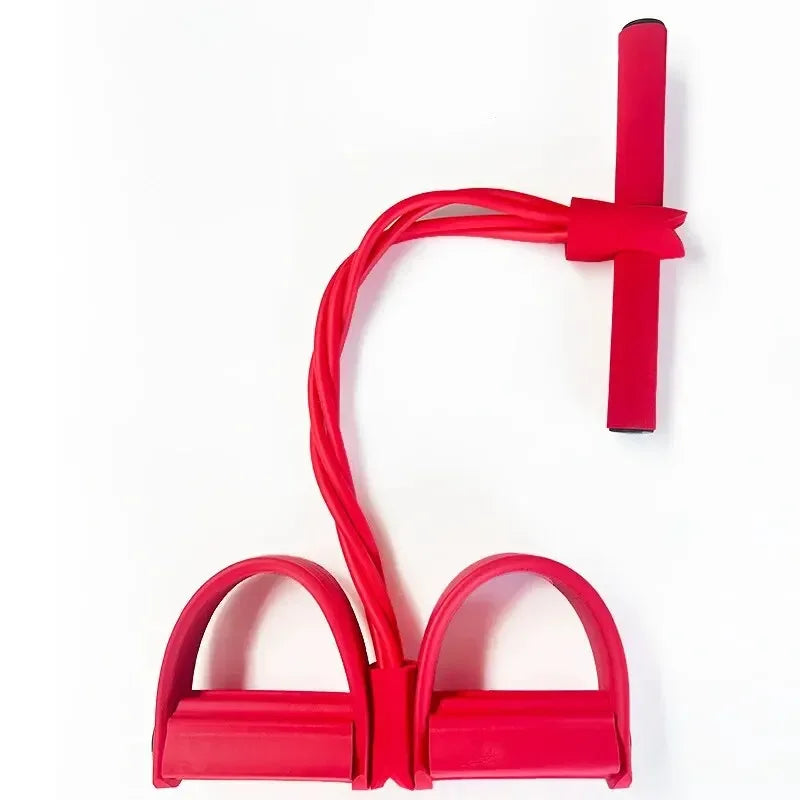 Red resistance band pedal exerciser with foam handle for home fitness and workouts