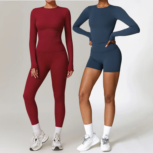 Yoga Sets Women Gym Clothing Fitness Long Sleeve Crop Tops + High Waist Leggings 2PCS Set Workout Sportswear Female Sports Suits