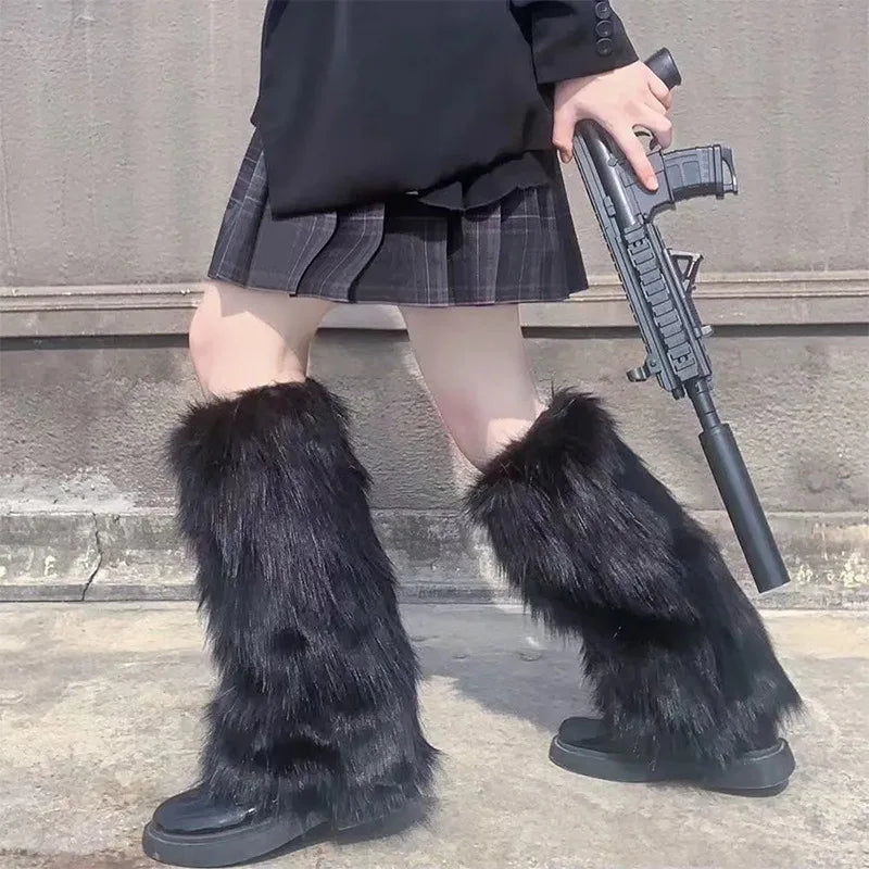 Person wearing black faux fur leg warmers, plaid skirt, holds toy rifle, urban background