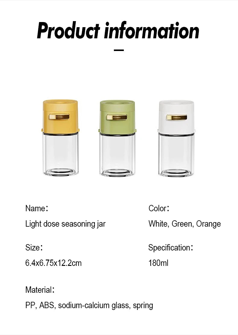 Three light dose seasoning jars in white, green, and orange with clear glass bodies, 180ml capacity.