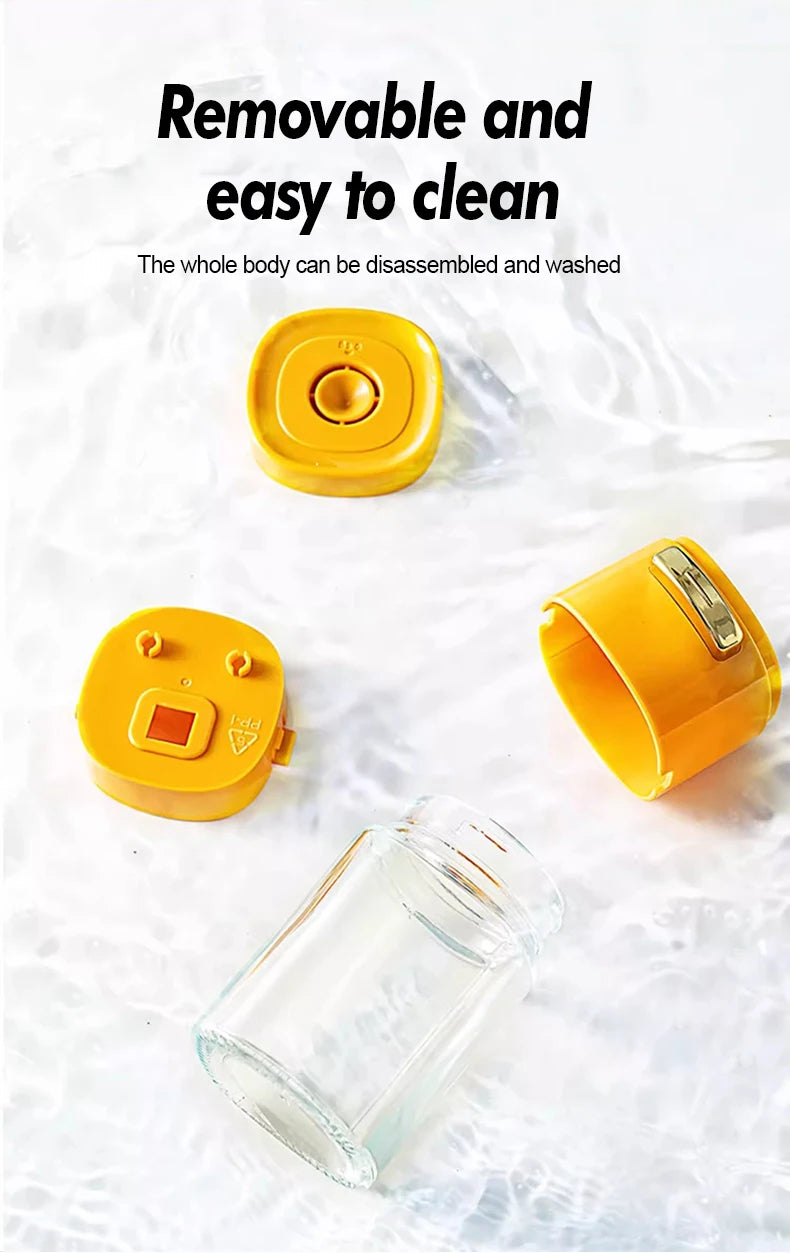 Disassembled yellow portable blender parts and glass cup, easy to clean design on water background