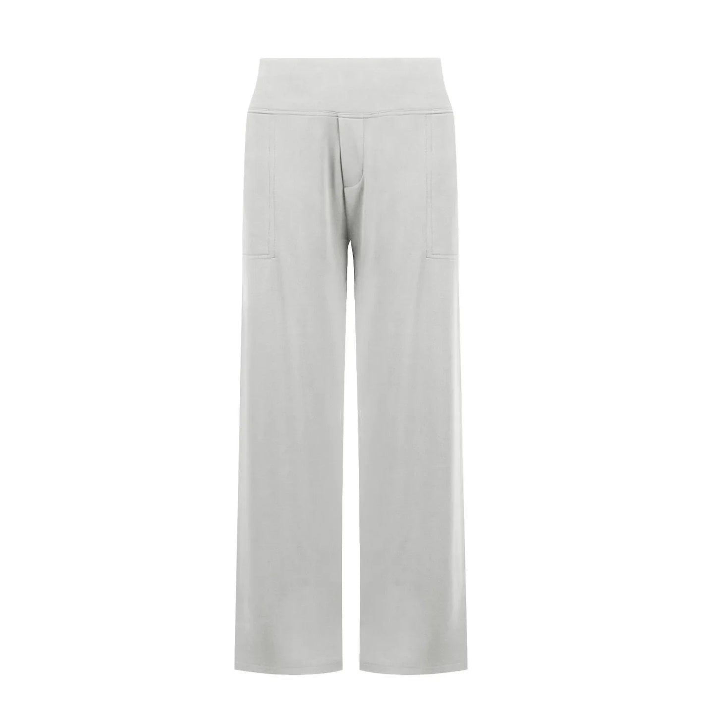 Light grey wide-leg lounge pants with high waist and front pockets on white background