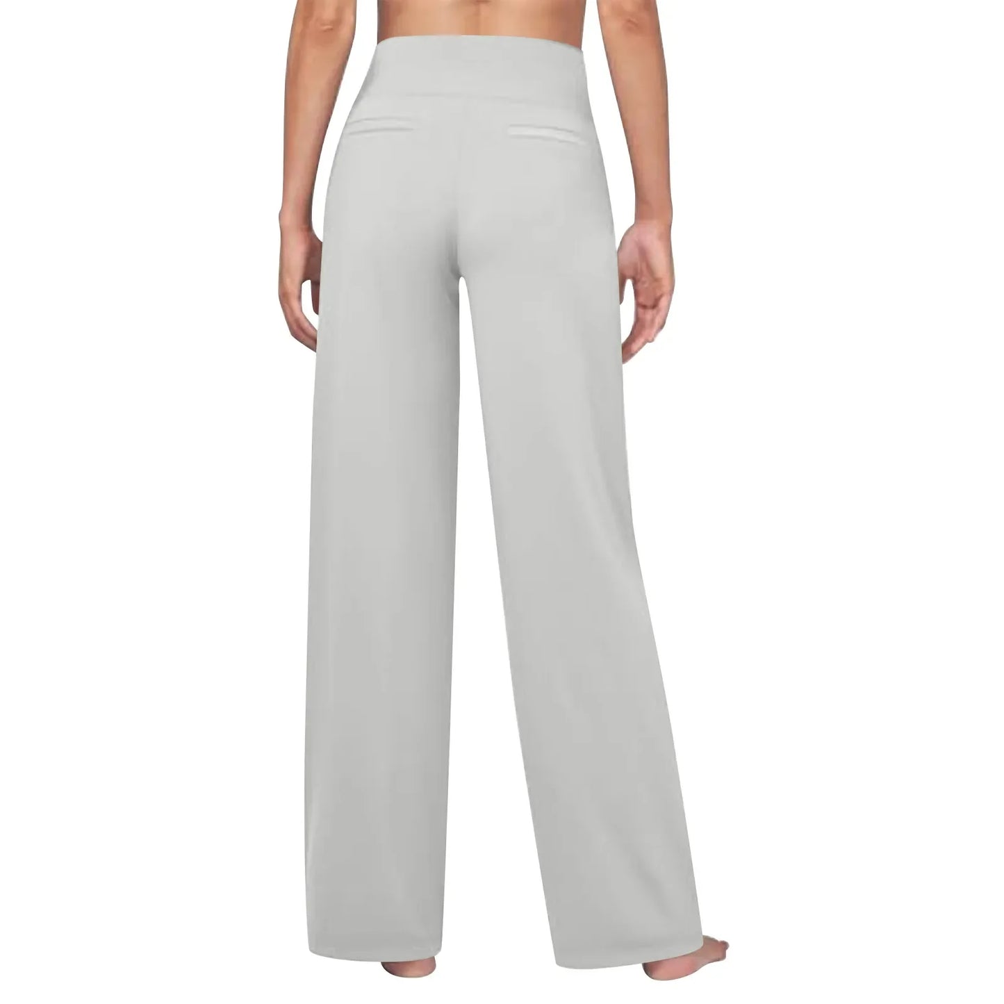 Back view of woman wearing light gray wide-leg lounge pants on white background