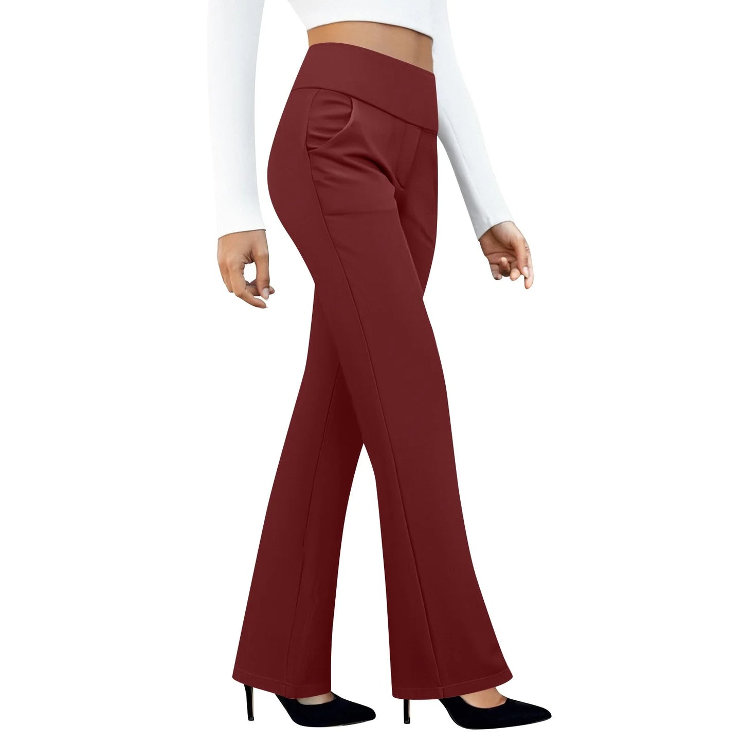 Woman wearing high waist maroon flare pants with side pockets and black heels