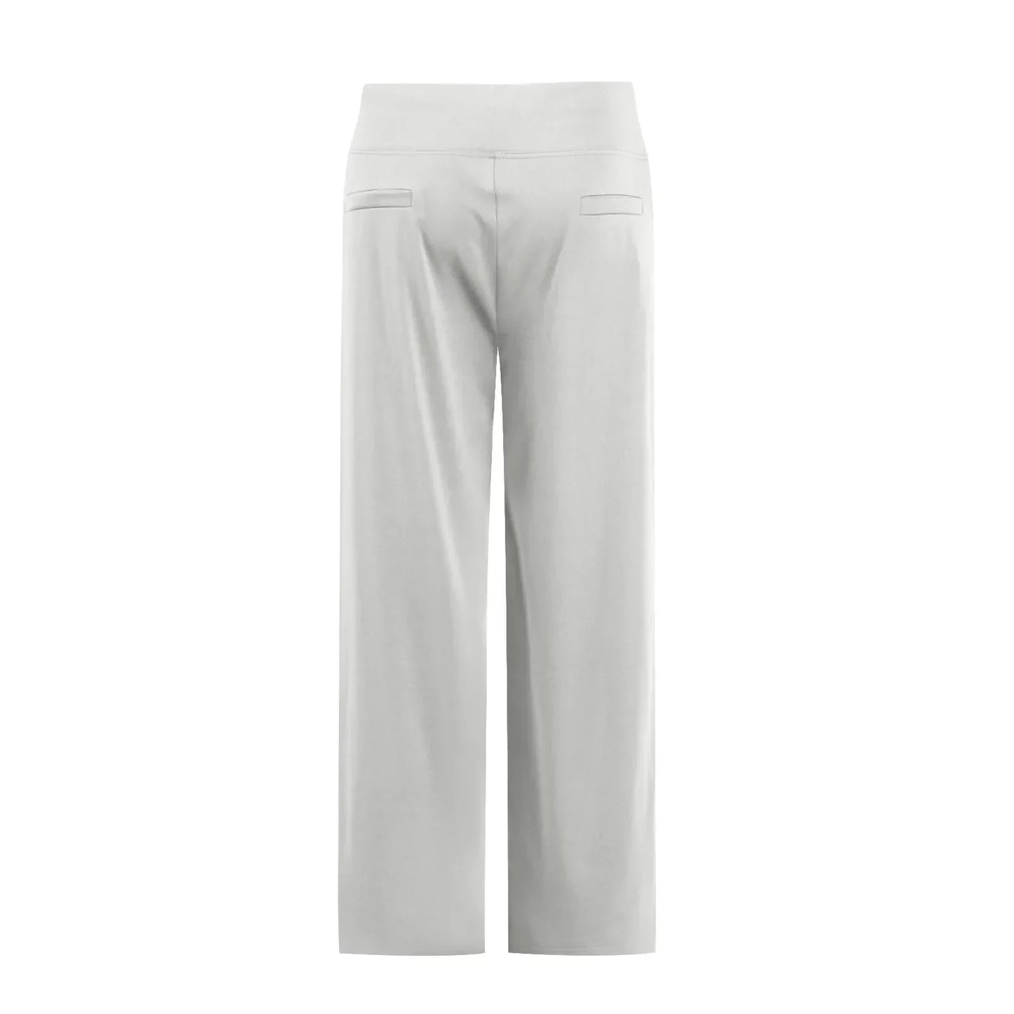 Back view of light gray wide-leg pants with high waist and faux back pockets