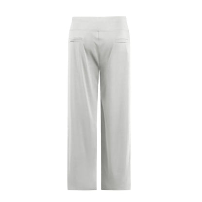 Back view of light gray wide-leg pants with high waist and faux back pockets