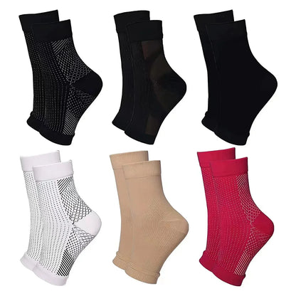 Six pairs of ankle compression socks in black, white, beige, and red, assorted patterns
