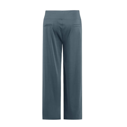 Back view of teal wide-leg pants with two back pockets on white background