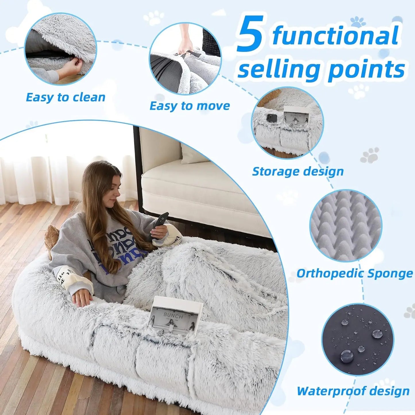 Extra Large Orthopedic Foam Dog Bed for Adults Faux Fur Material Popular Long Plush Cover for People and Giant Dogs