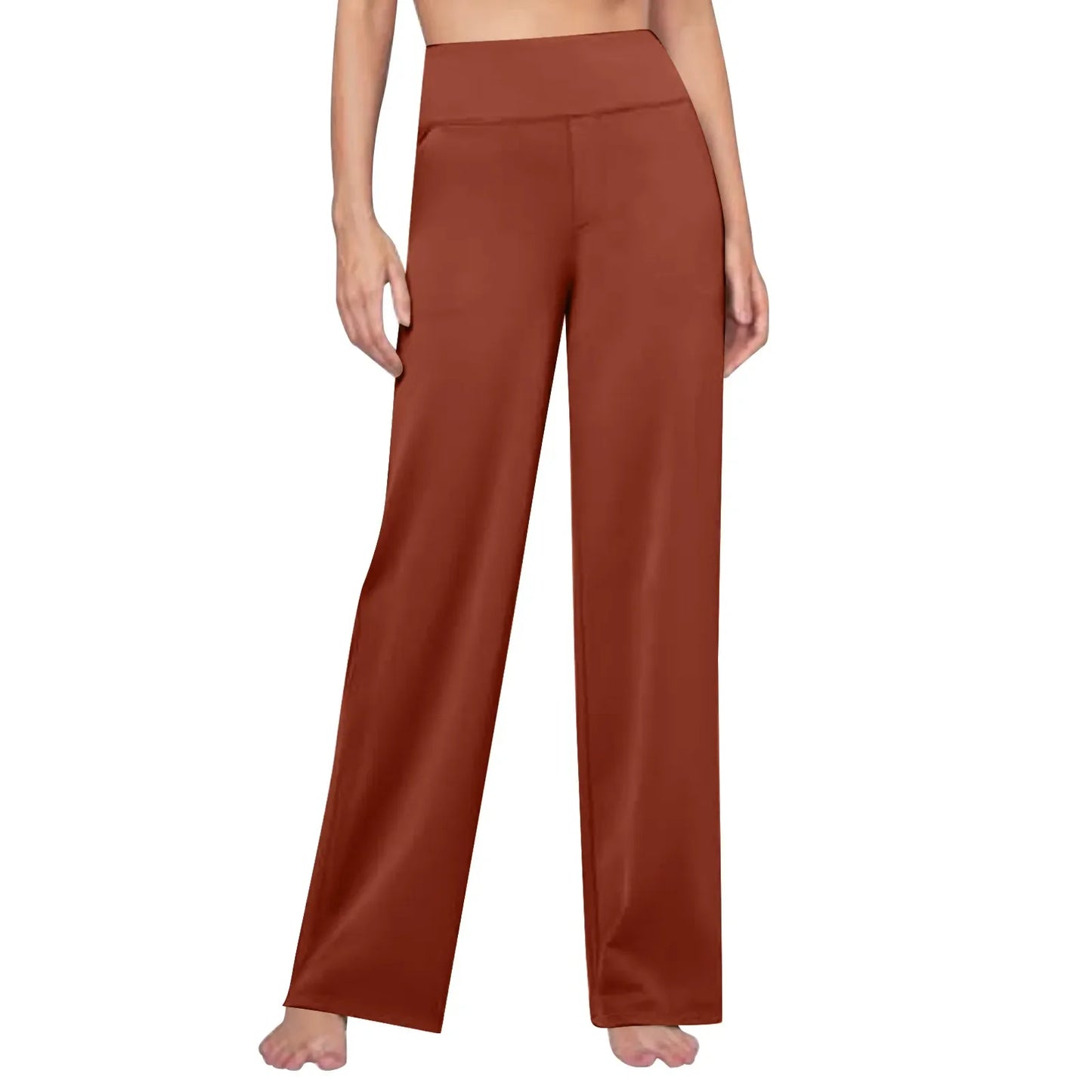 Woman wearing high-waisted wide leg rust brown lounge pants, comfortable modern fit
