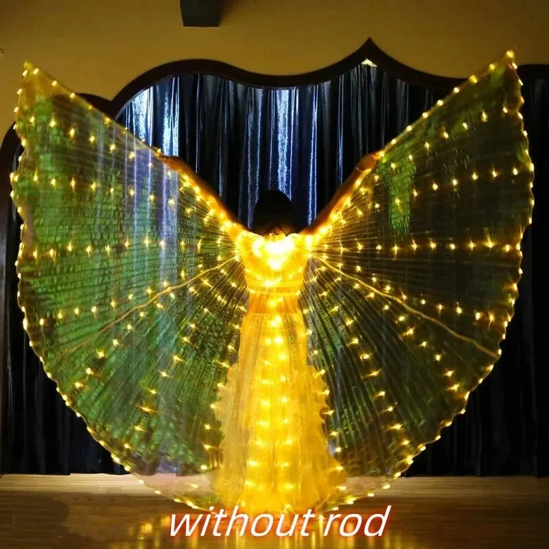 Person wearing illuminated LED wing costume with yellow lights, standing on stage, without rod