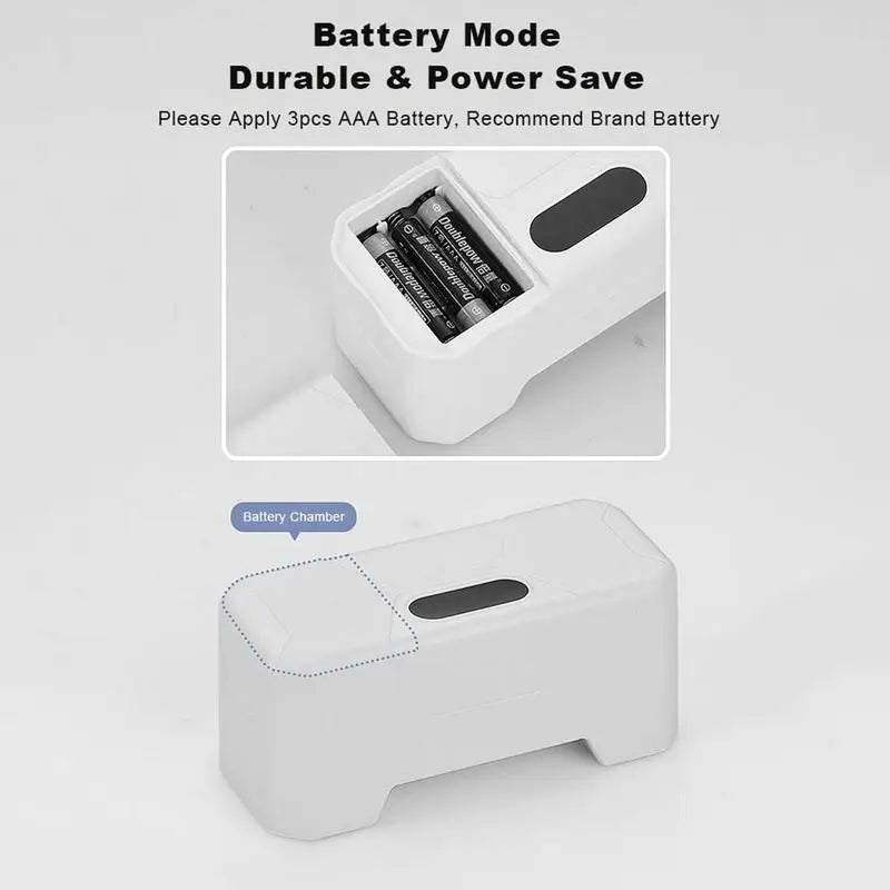 White battery compartment device with three AAA batteries inserted, labeled battery chamber