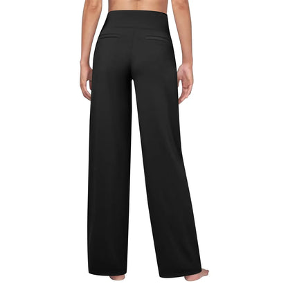 Back view of woman wearing black wide-leg high-waisted lounge pants