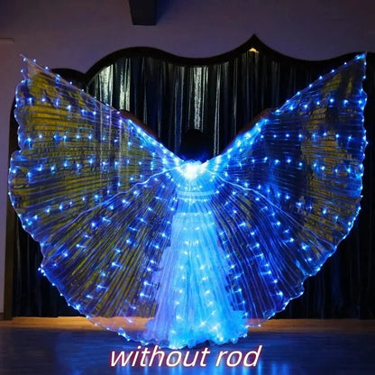 Person wearing illuminated LED butterfly wings cape, glowing blue, for dance or costume party