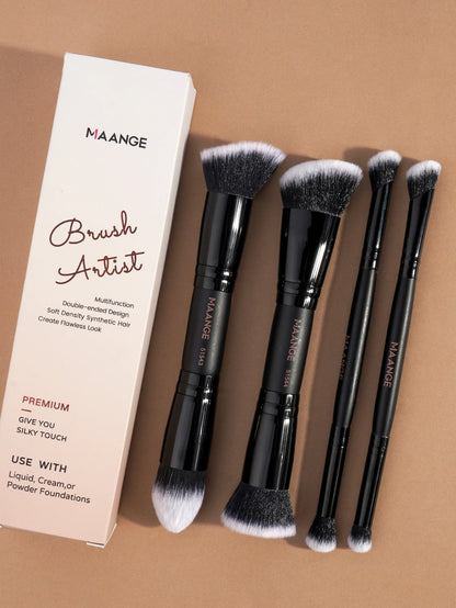 Set of four black MAANGE makeup brushes with soft synthetic bristles and product box on brown background