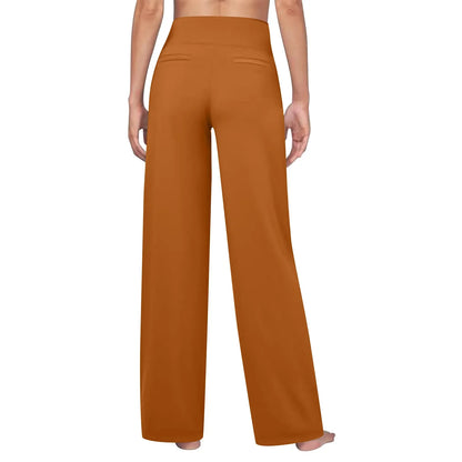 Back view of wide-leg, high-waisted orange lounge pants on a person against white background