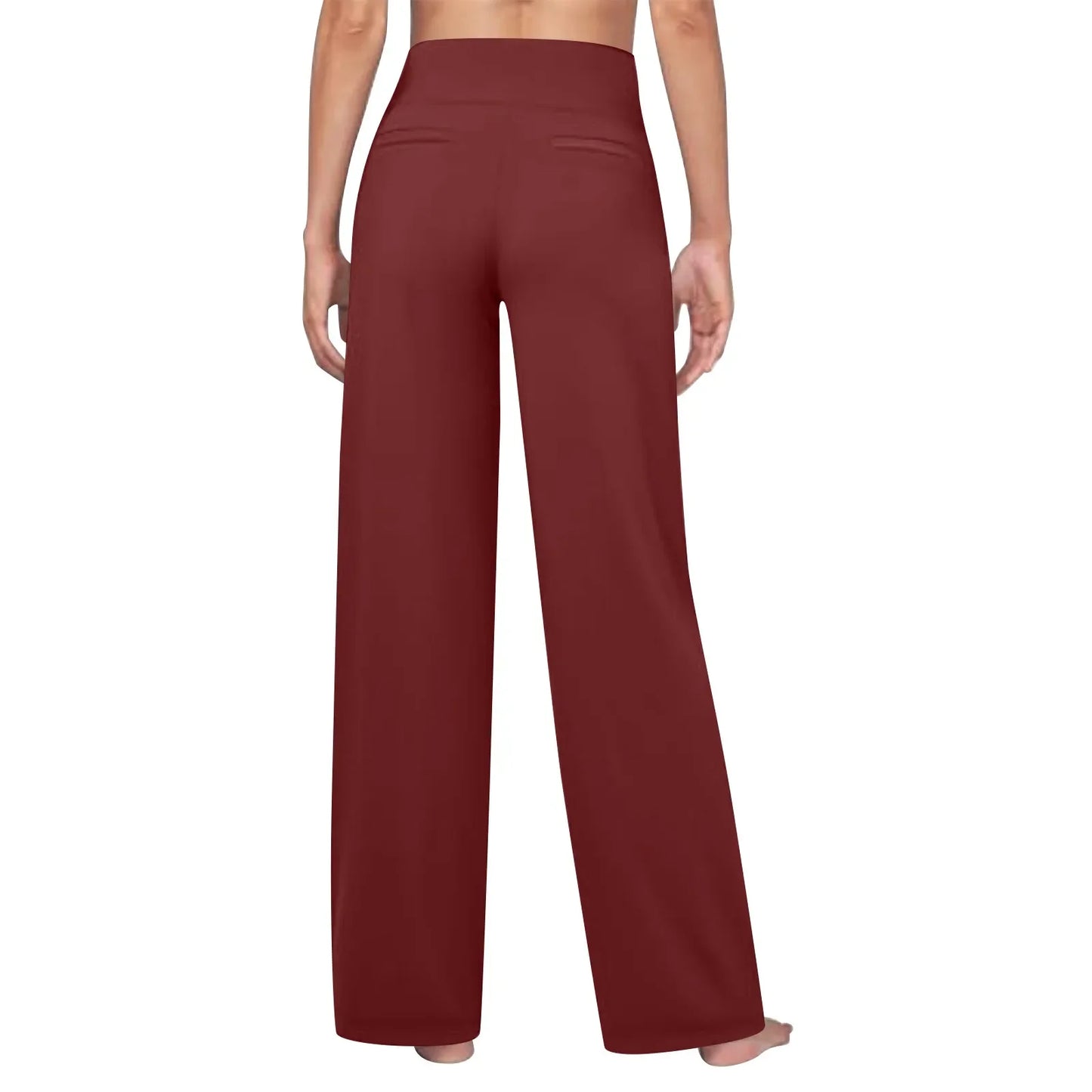 Back view of woman wearing high-waisted burgundy wide-leg lounge pants