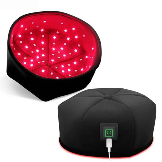 Black LED therapy cap with red light, USB charging port, modern wellness accessory