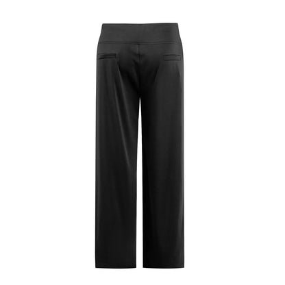 Black wide leg pants with high waistband and faux back pockets on white background