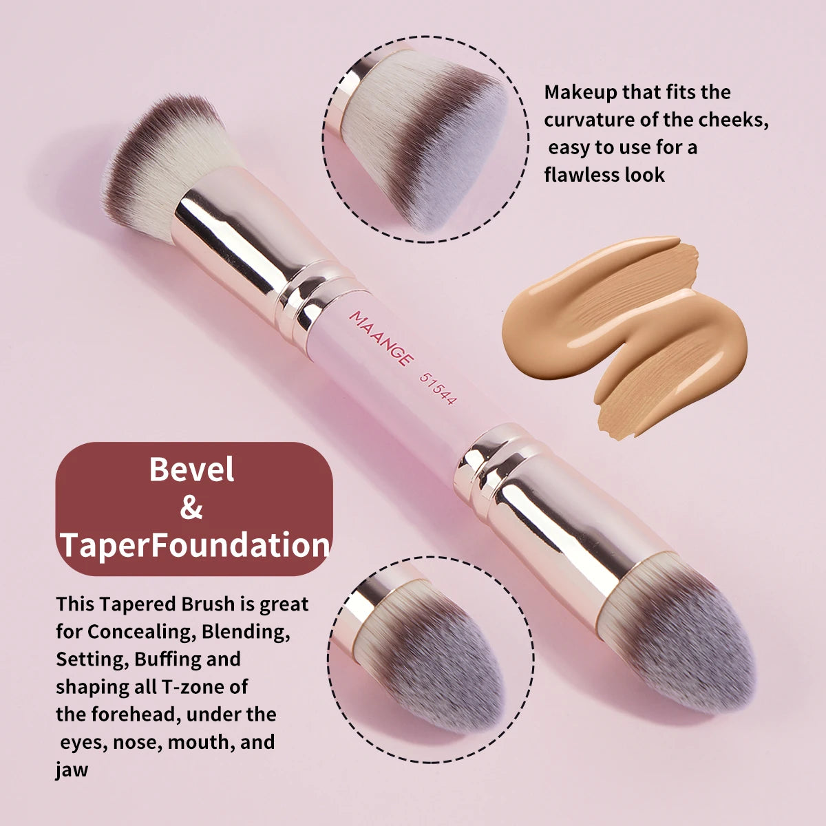 Dual-ended tapered foundation makeup brush for blending, concealing, and buffing.