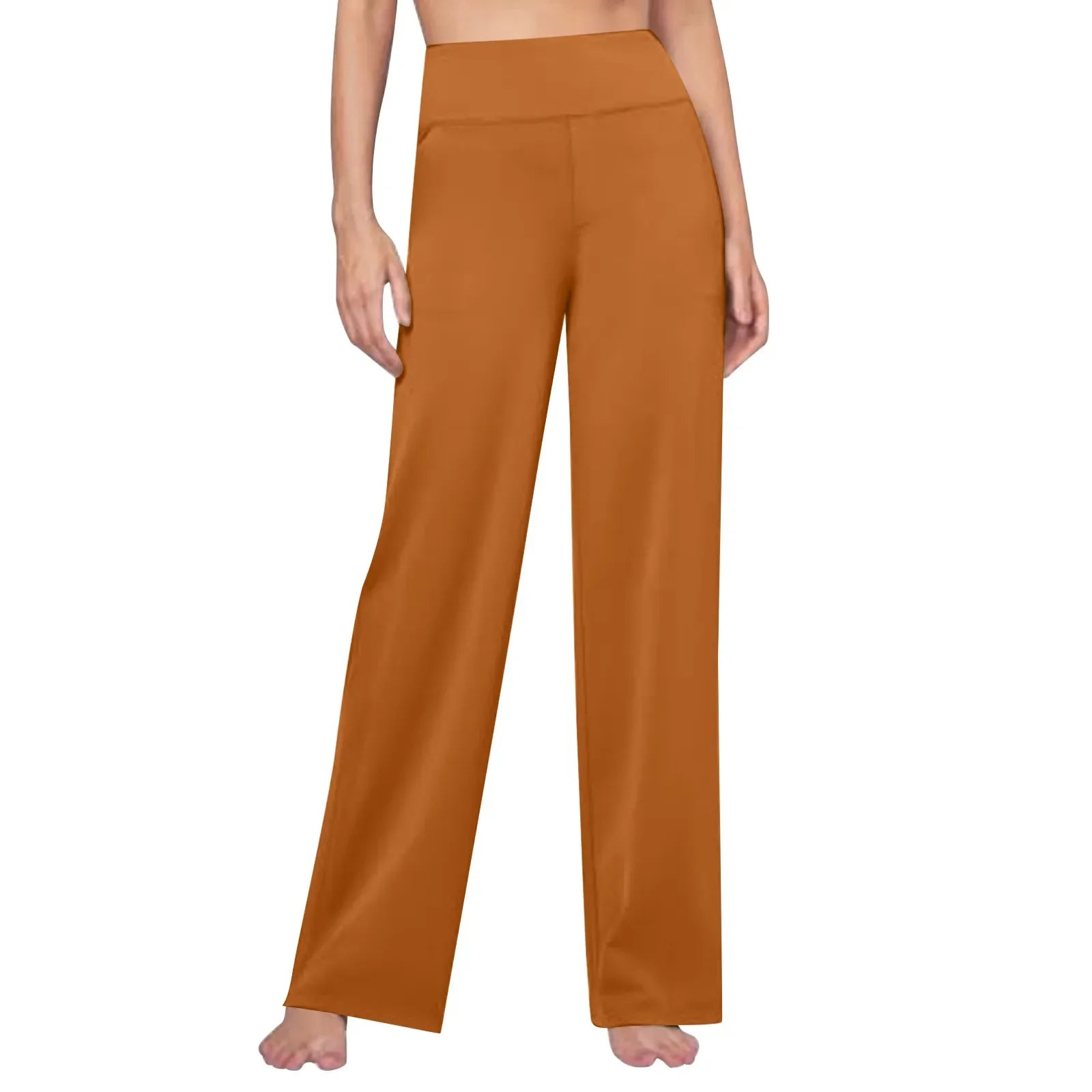 Woman wearing high-waisted brown wide-leg lounge pants on white background