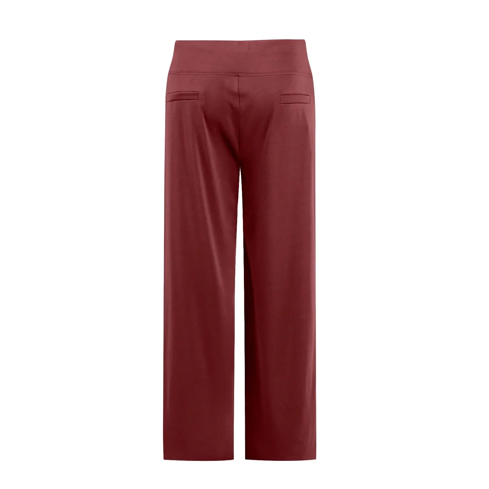 Back view of high-waisted maroon wide-leg pants with faux back pockets