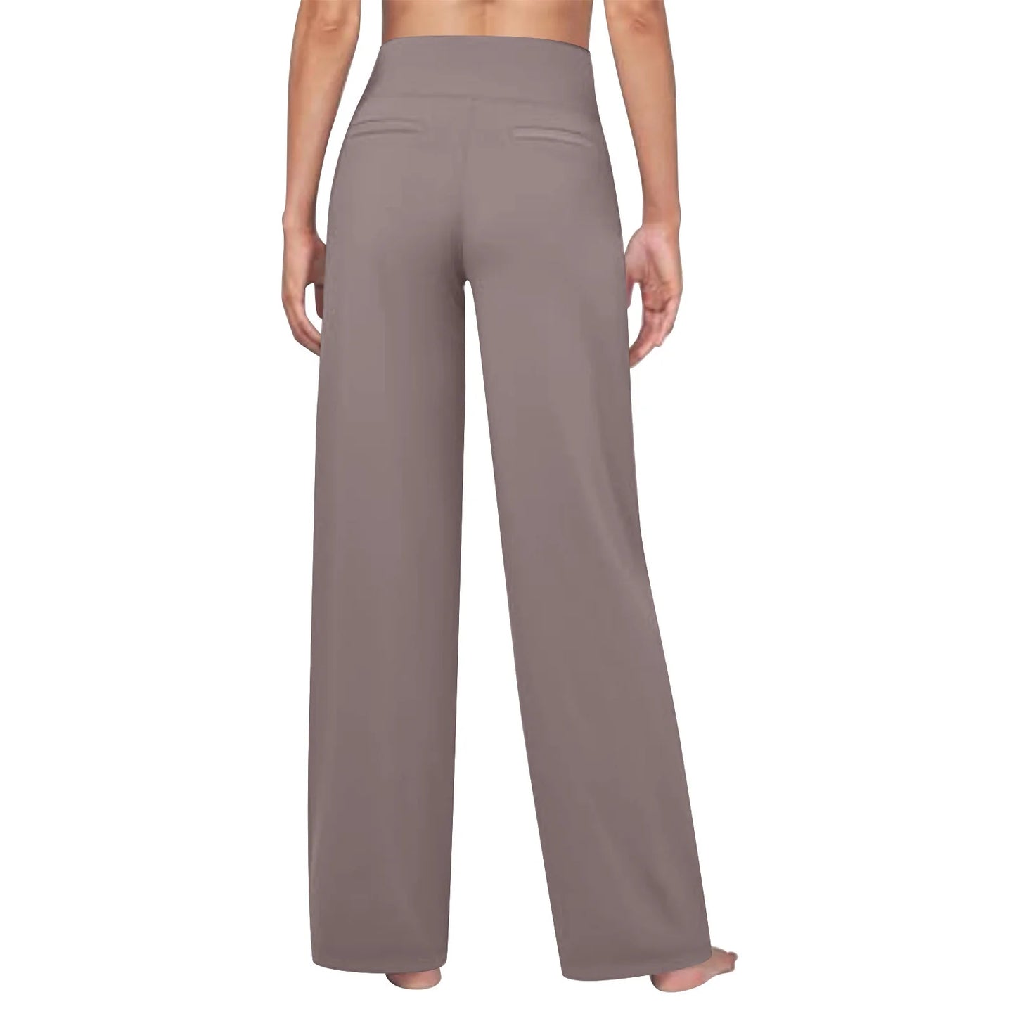 Back view of taupe wide-leg high-waisted lounge pants on model, minimal design