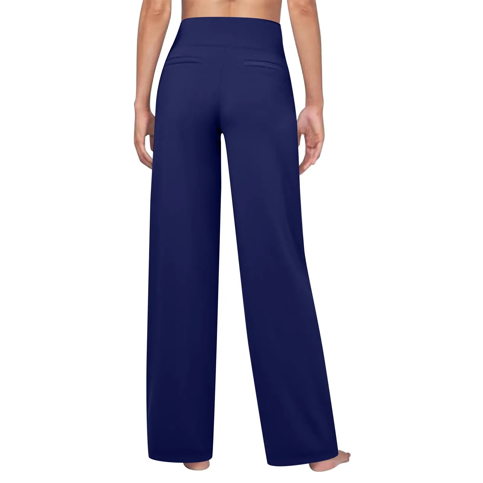 Back view of woman wearing high-waisted navy wide-leg lounge pants