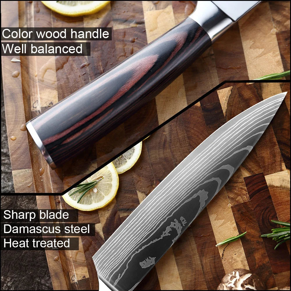 Close-up of Damascus steel kitchen knife with color wood handle on cutting board