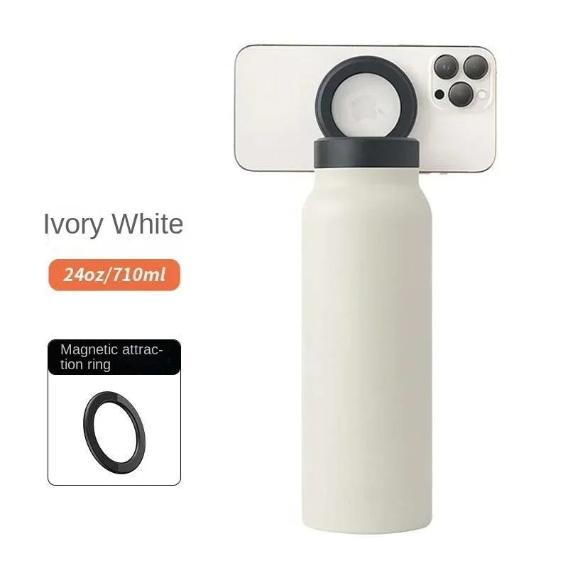 Ivory white 24oz water bottle with magnetic phone holder ring, modern minimalist design