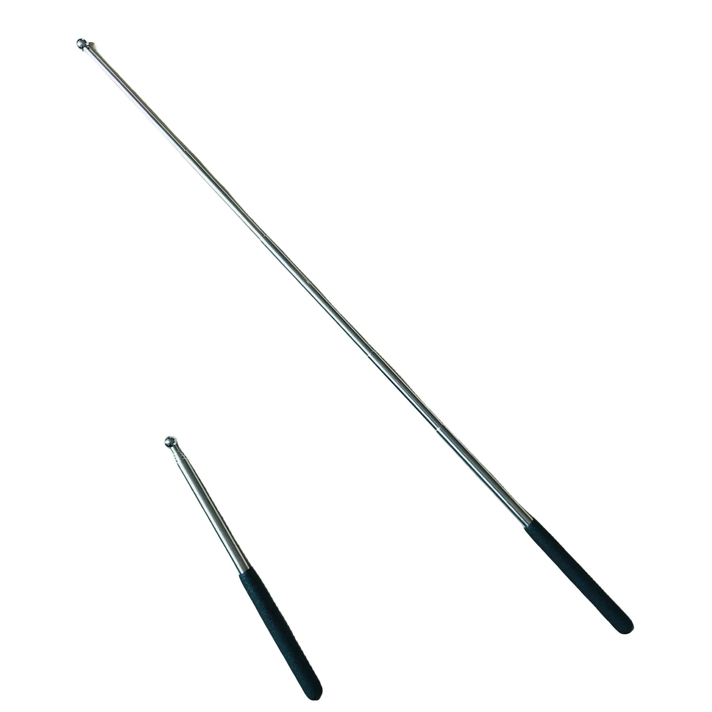 Retractable metal pointer stick with black handle, extended and collapsed view on white background