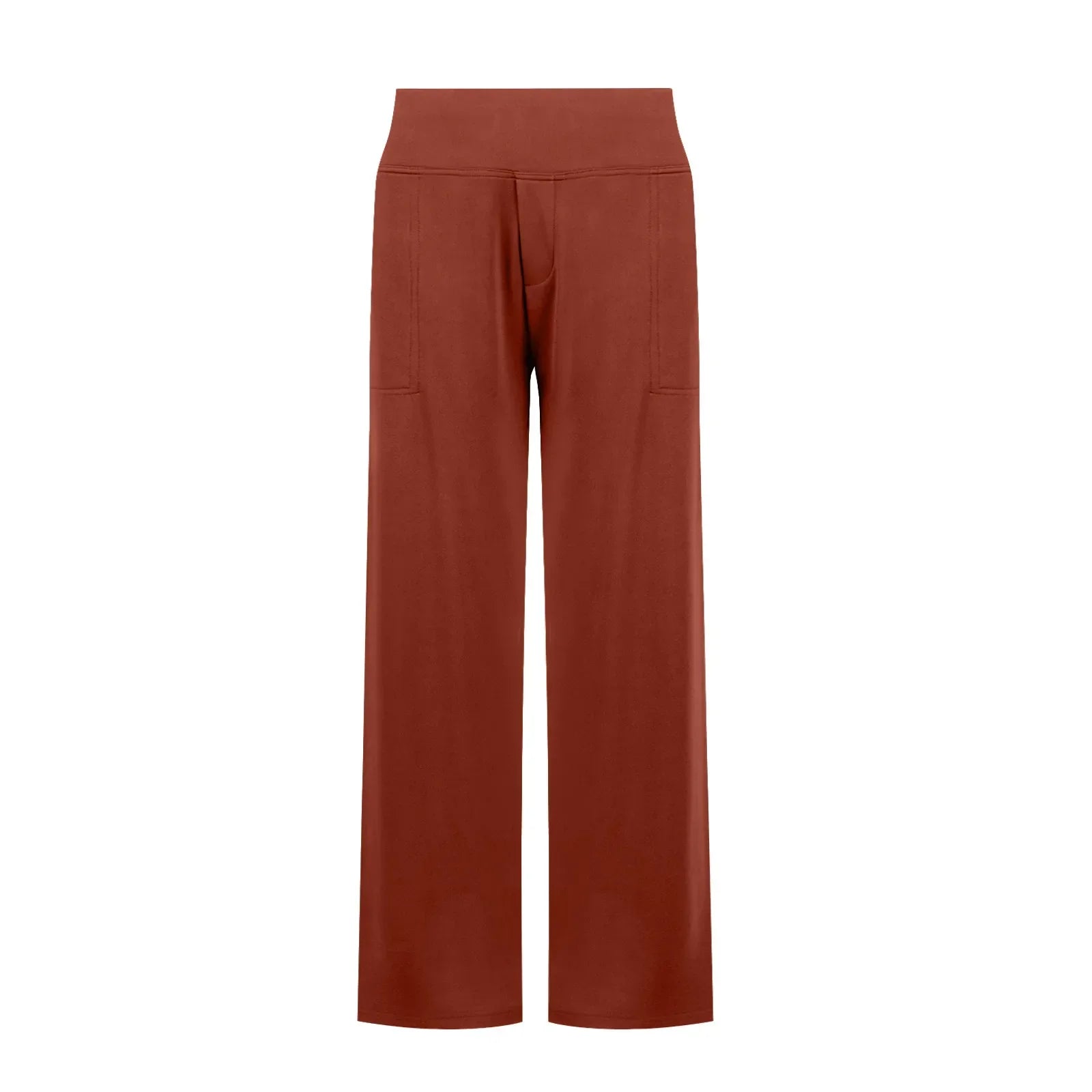 High-waisted wide-leg rust pants with front pockets, modern loungewear style