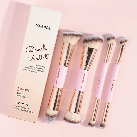 Set of pink double-ended makeup brushes with MAANGE box on a pastel background