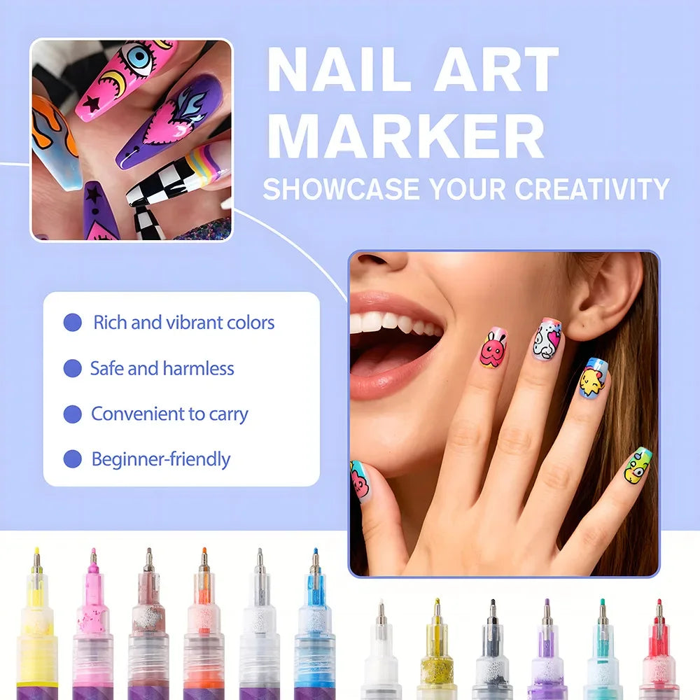 12Pcs/Set Nail Acrylic Graffiti Pen 12 Color Nail Marker Drawing DIY Beauty Nail Art Tools Waterproof and Quick Drying Nail Mark