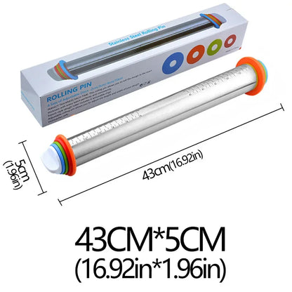 Adjustable stainless steel rolling pin with measurement rings, 43cm by 5cm size.
