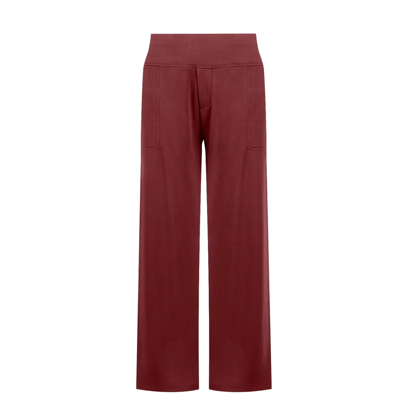High-waisted wide leg maroon lounge pants with front pockets on white background