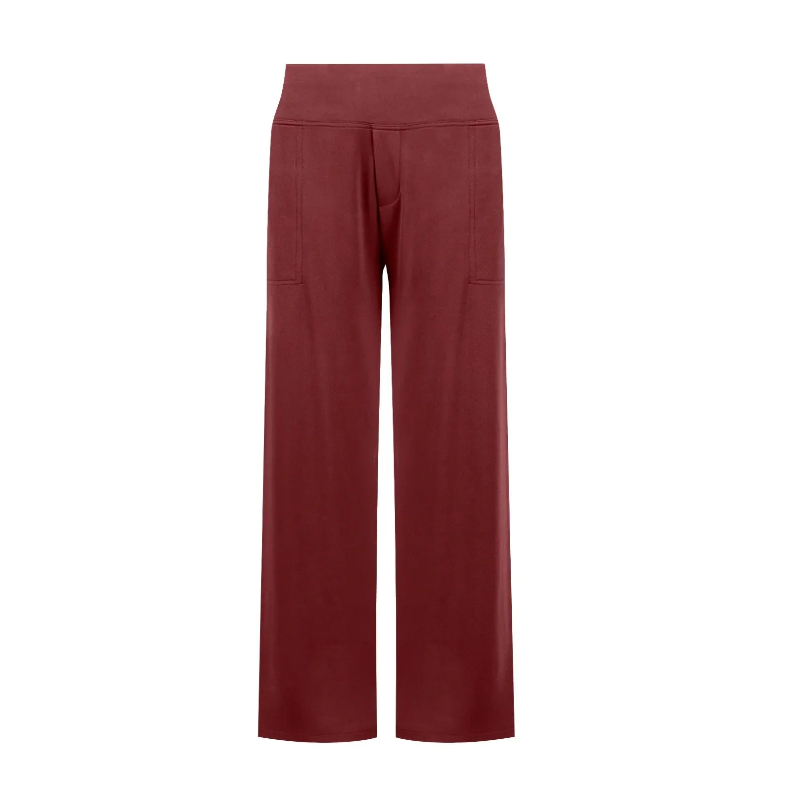 High-waisted wide leg maroon lounge pants with front pockets on white background